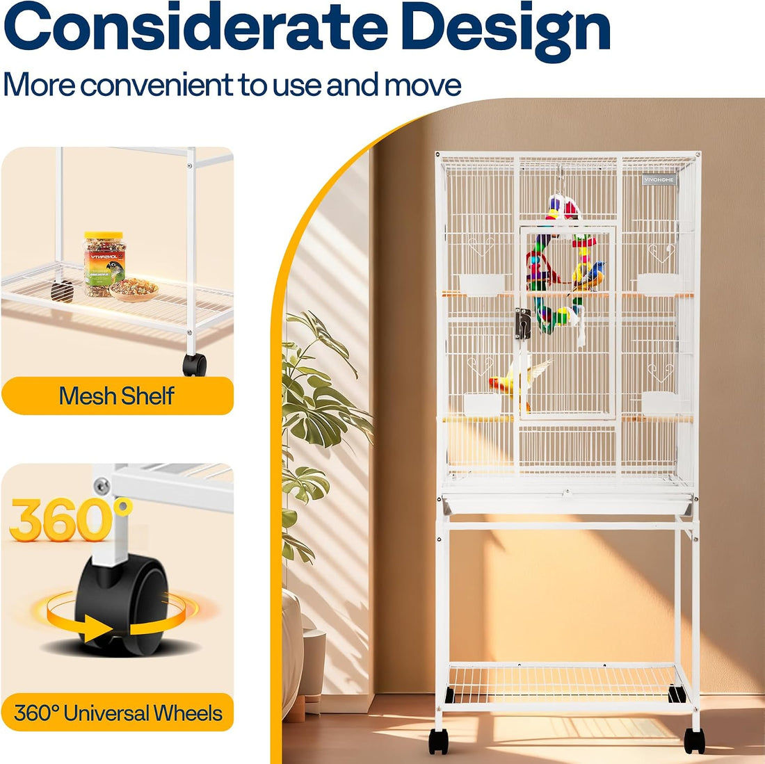 VIVOHOME 54 Inch Wrought Iron Large Bird Cage with Rolling Stand