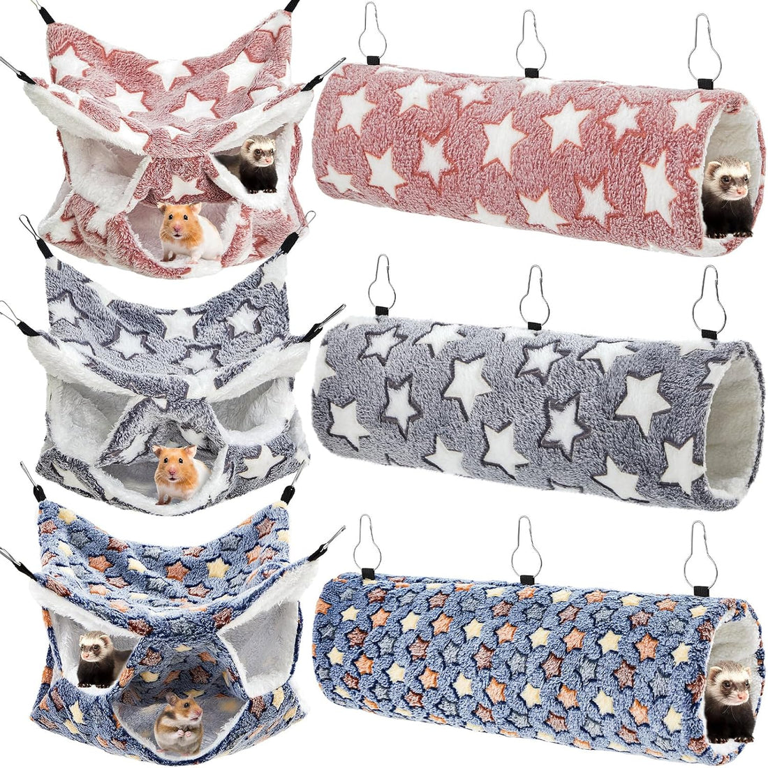 Sweetude 6 Pcs Rat Hammock Set Ferret Hanging Tunnel 3 Tier Guinea