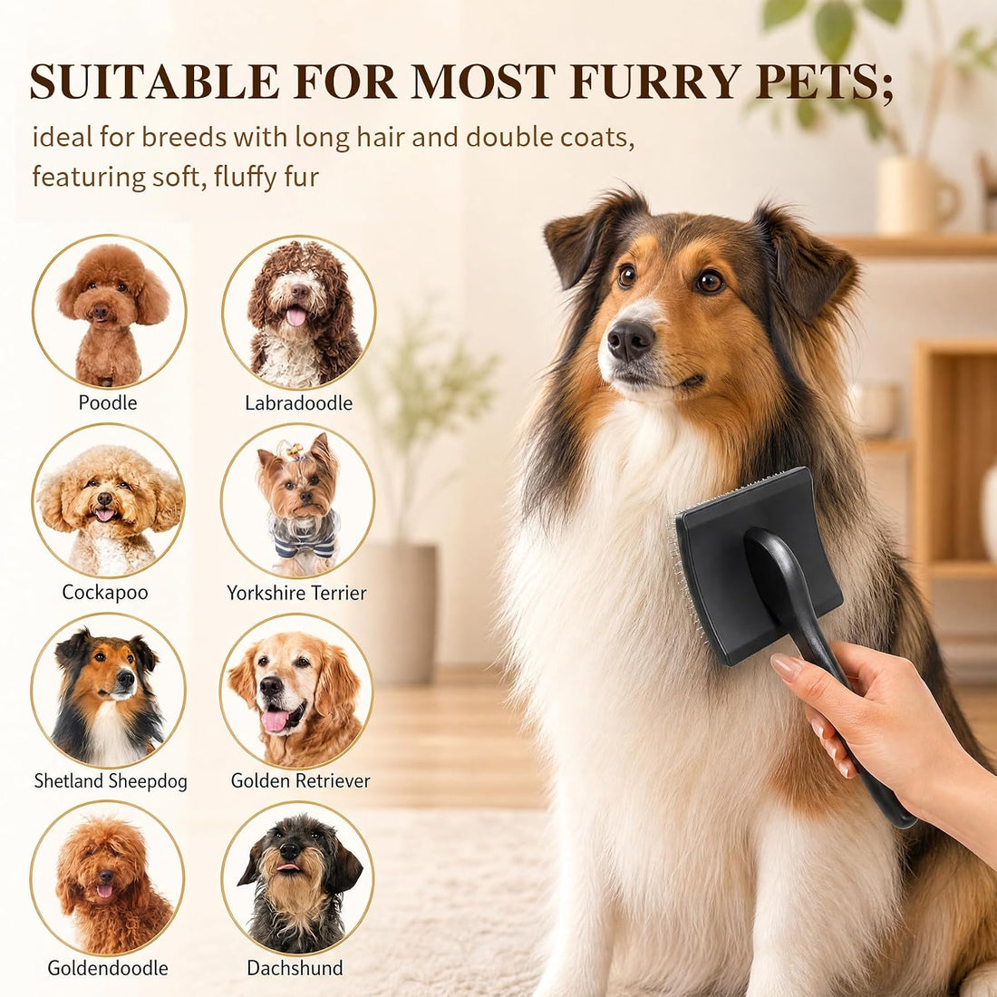 Slicker Brush for Dogs, Long Pin Doodle Brush with Metal Comb, Black