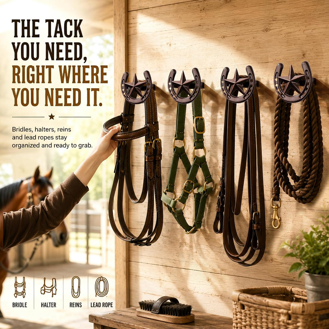 Horseshoe Bridle Hooks, 2 Pack Cast Iron Tack Hooks for Bridles