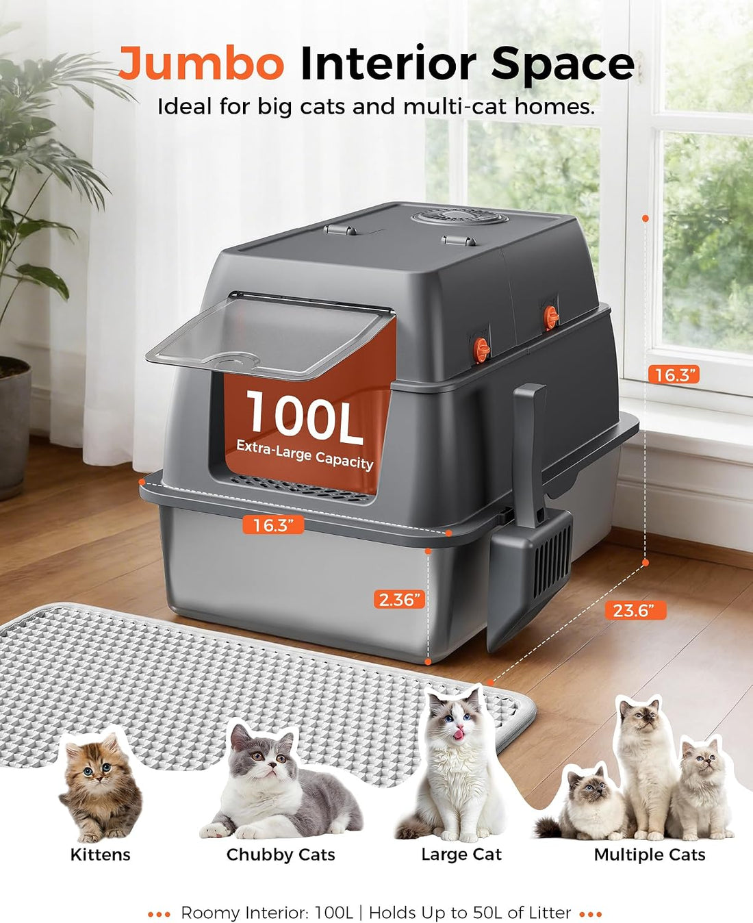 GTPLAYER XXL Stainless Steel Cat Litter Box with Lid