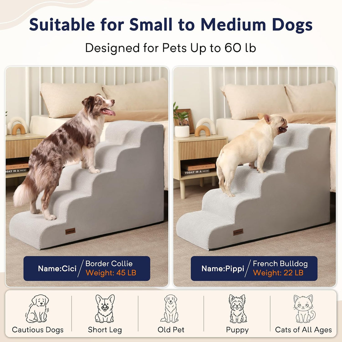 Dog Stairs for High Beds, 26" H 5-Step Pet Ramp for Small & Medium