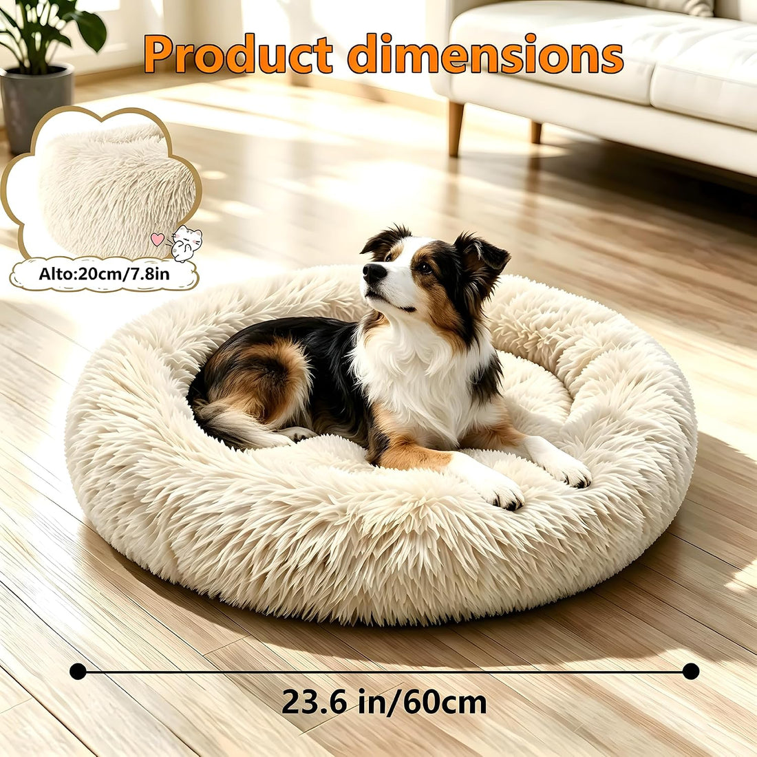 Round Donut Pet Bed 24in Soft Plush Calming Cushion with Non-Slip Base
