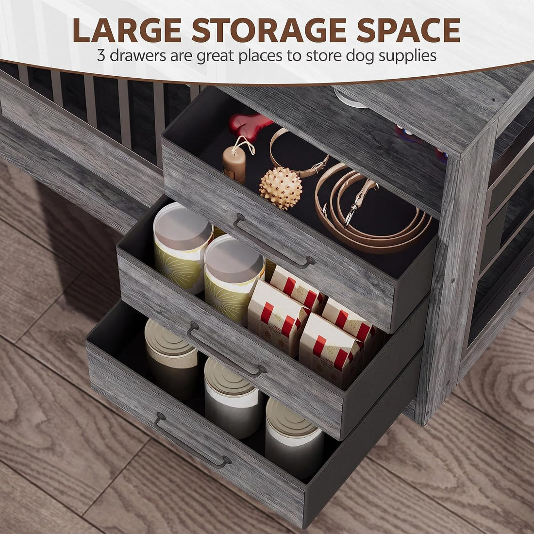 68.9" Double Dog Crate Furniture with 3 Storage Drawers,Grey