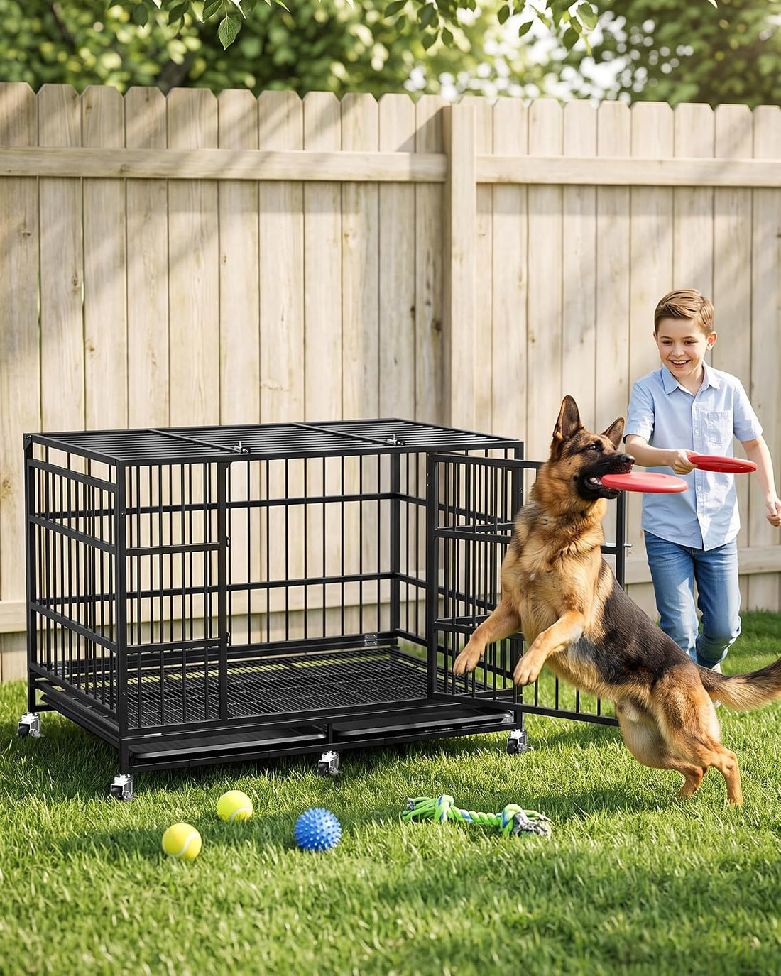 Powools 42 Inch Heavy-Duty Dog Crate Indestructible with Double Door