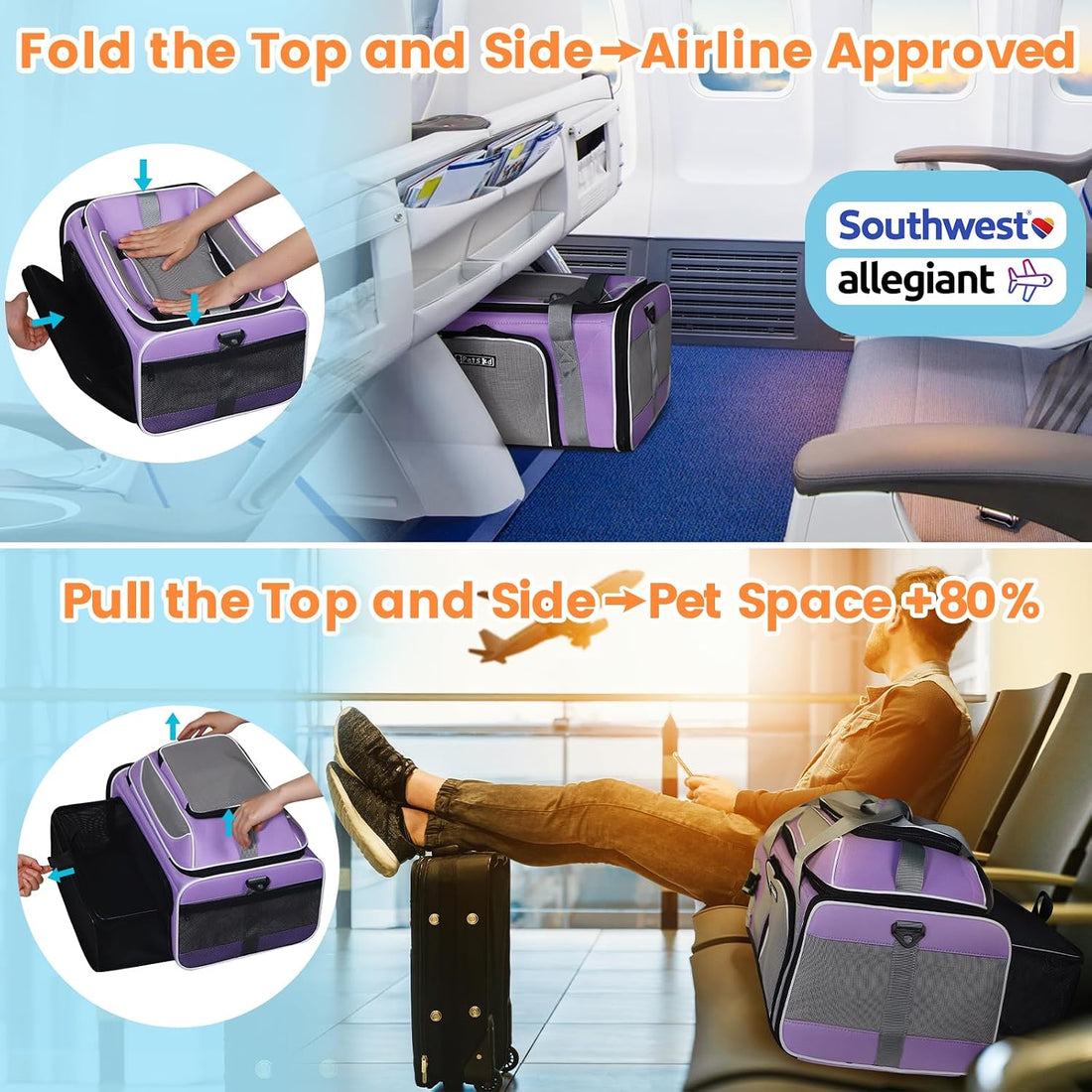 Petskd Top and Side Expandable Pet Carrier Airline Approved, Blue