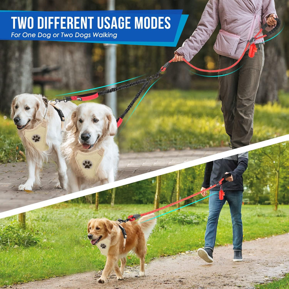 SlowTon Double Leash for Two Dogs, No Tangle & with Two Handles, Red L