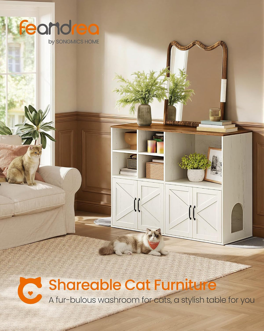 Feandrea Litter Box Enclosure for 2 Cats, with Storage Cabinet