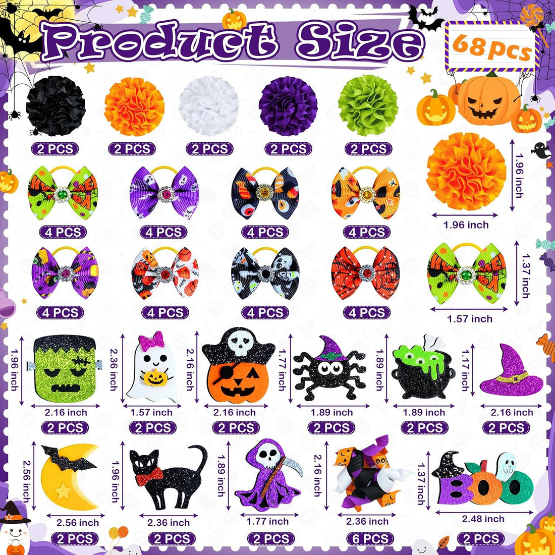 SUMMORO 68Pcs/34Pairs Halloween Dog Hair Bows with Rubber Bands