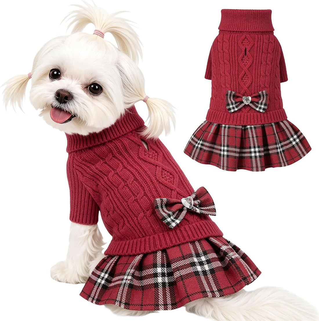 YUDODO Small Dog Sweater Dress with Bowtie Turtleneck Knitted Pet