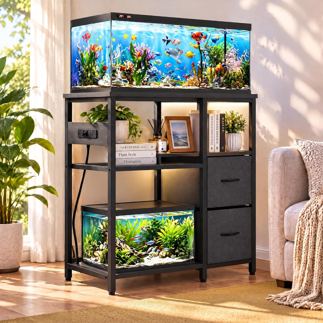 5-10 Gallon Fish Tank Stand with 2 Drawers and Storage Shelves