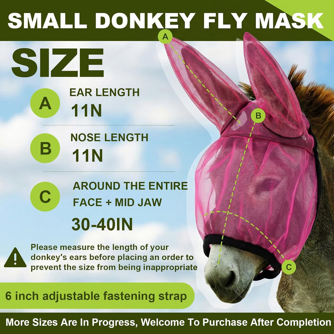 1 Pcs Mini Donkey Fly Mask with Ear Protection, Rose Red