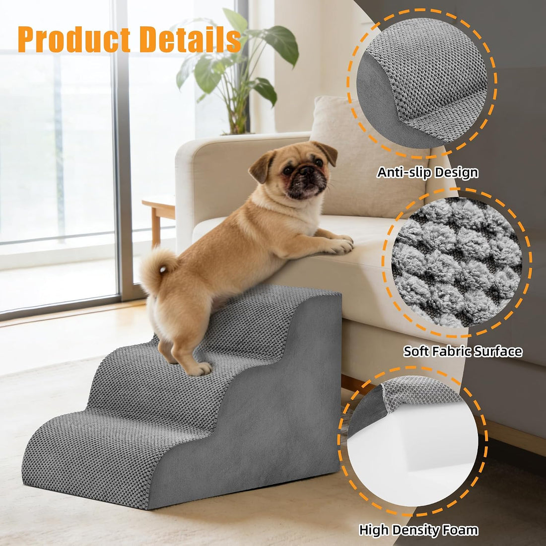 3-Step Dog Stairs for Small Dogs and Cats, 16" H Dog Steps