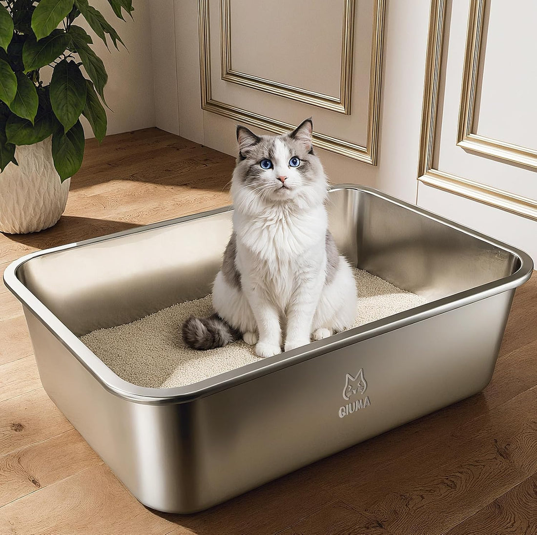 Qiuma Stainless Steel Litter Box, Metal Cat Litter Box with High Sides
