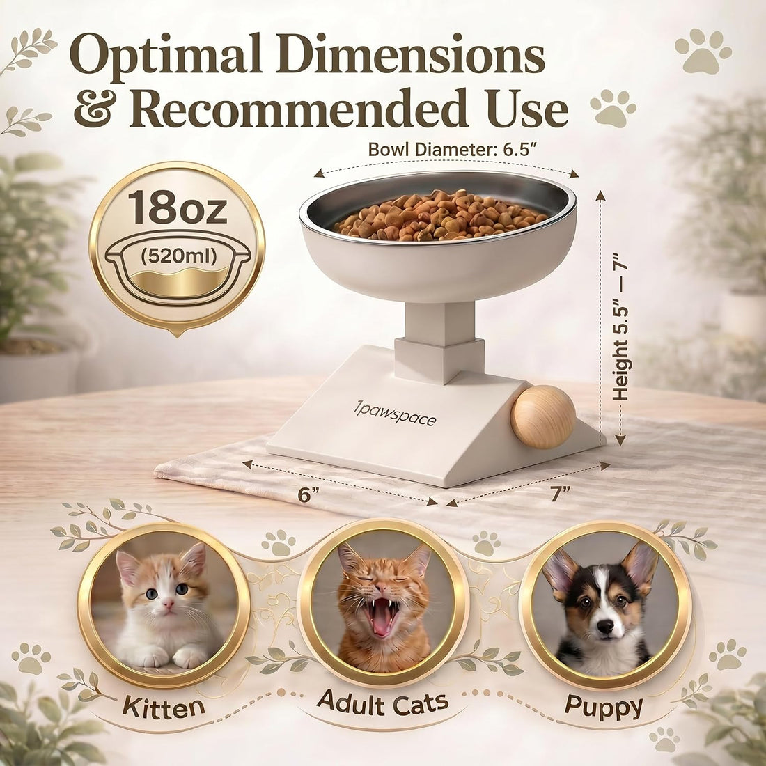 Adjustable Elevated Cat Bowl, 304 Stainless Steel Bowl, 18oz