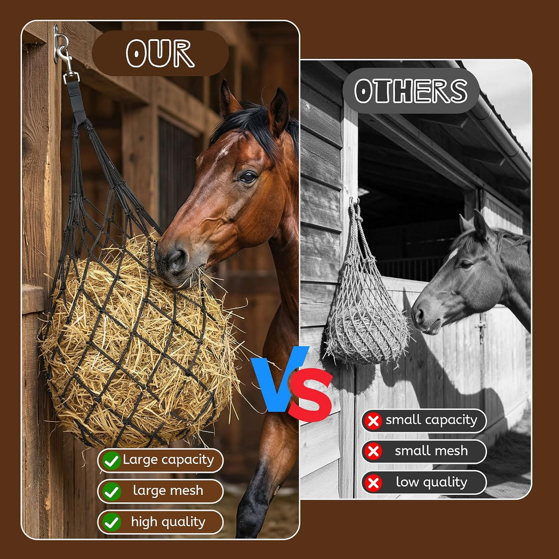 3 Pcs 47" Hay Nets for Horses with Straps & Hooks