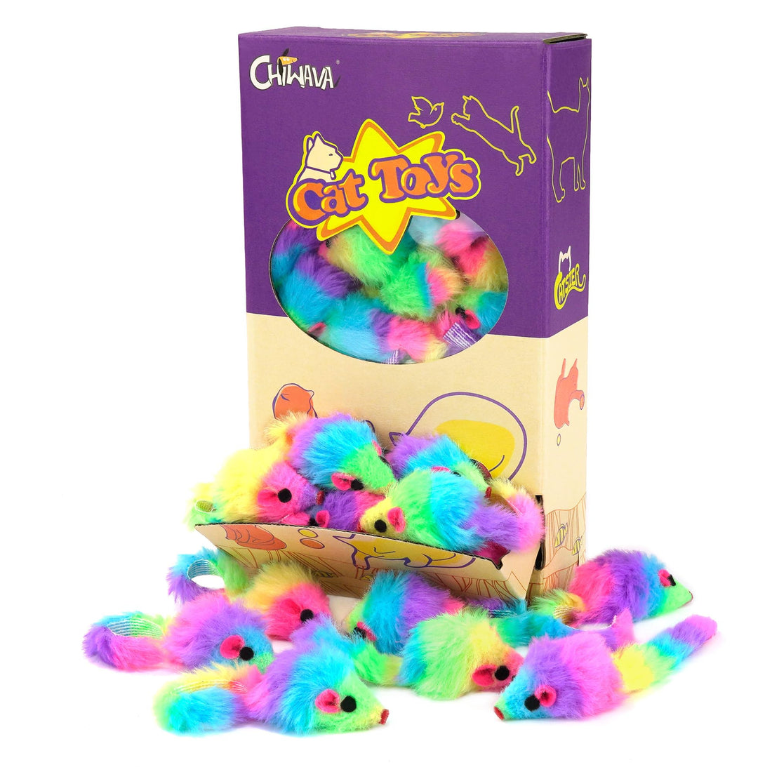 CHIWAVA 36PCS 1.8" Rainbow Color Furry Cat Toy Mice with Rattle