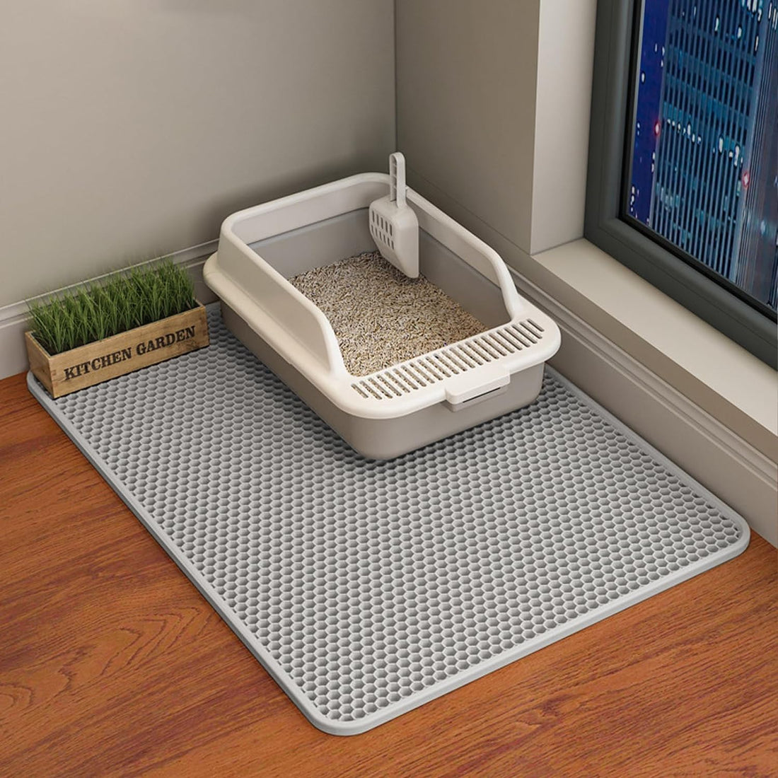 Cat Litter Mat, Double Layer Cat Litter Box Mat (24x18 Inch, Gray)