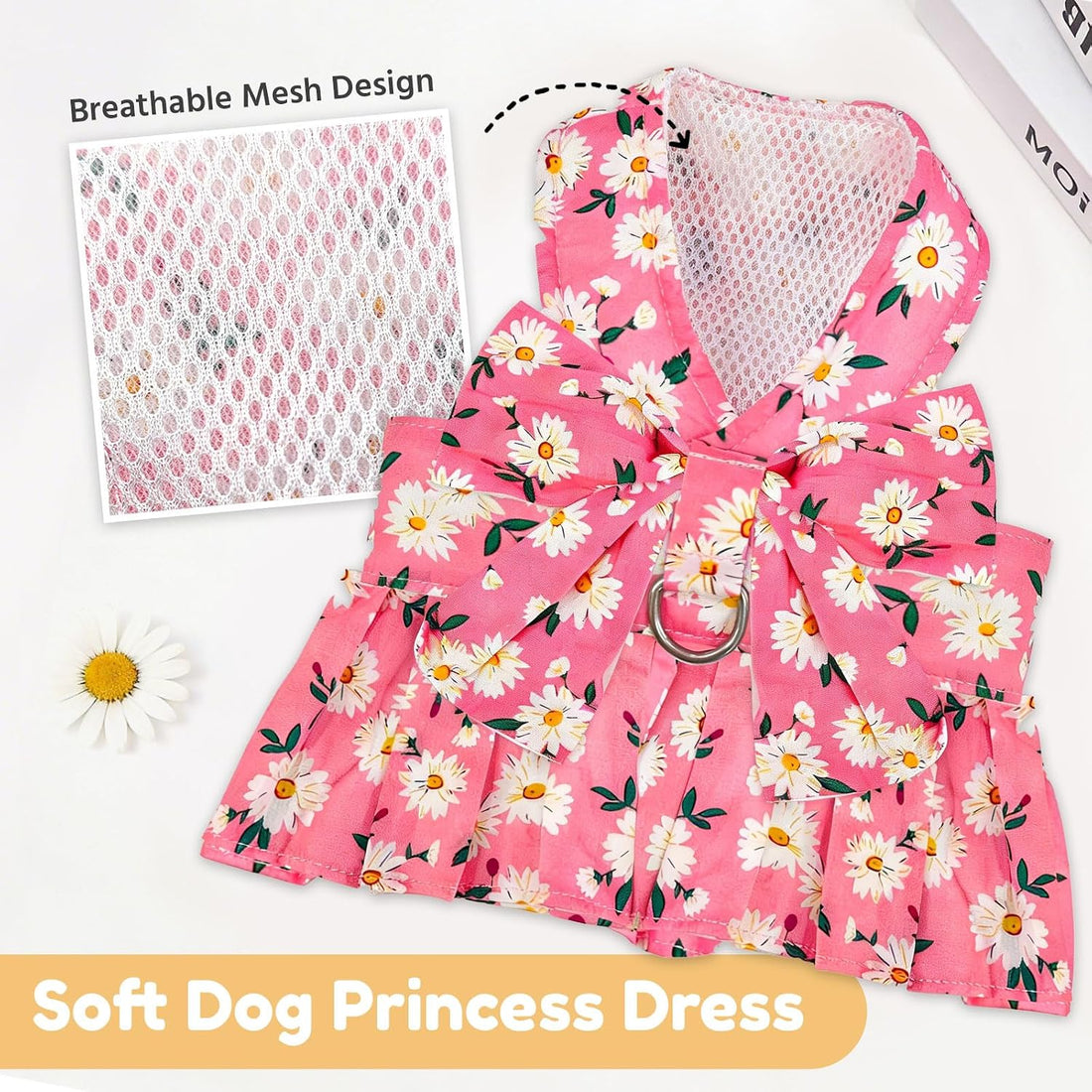 BAEJMJK Dog Dress Bowknot Harness Leash Set for Small Dogs Cats Daisy