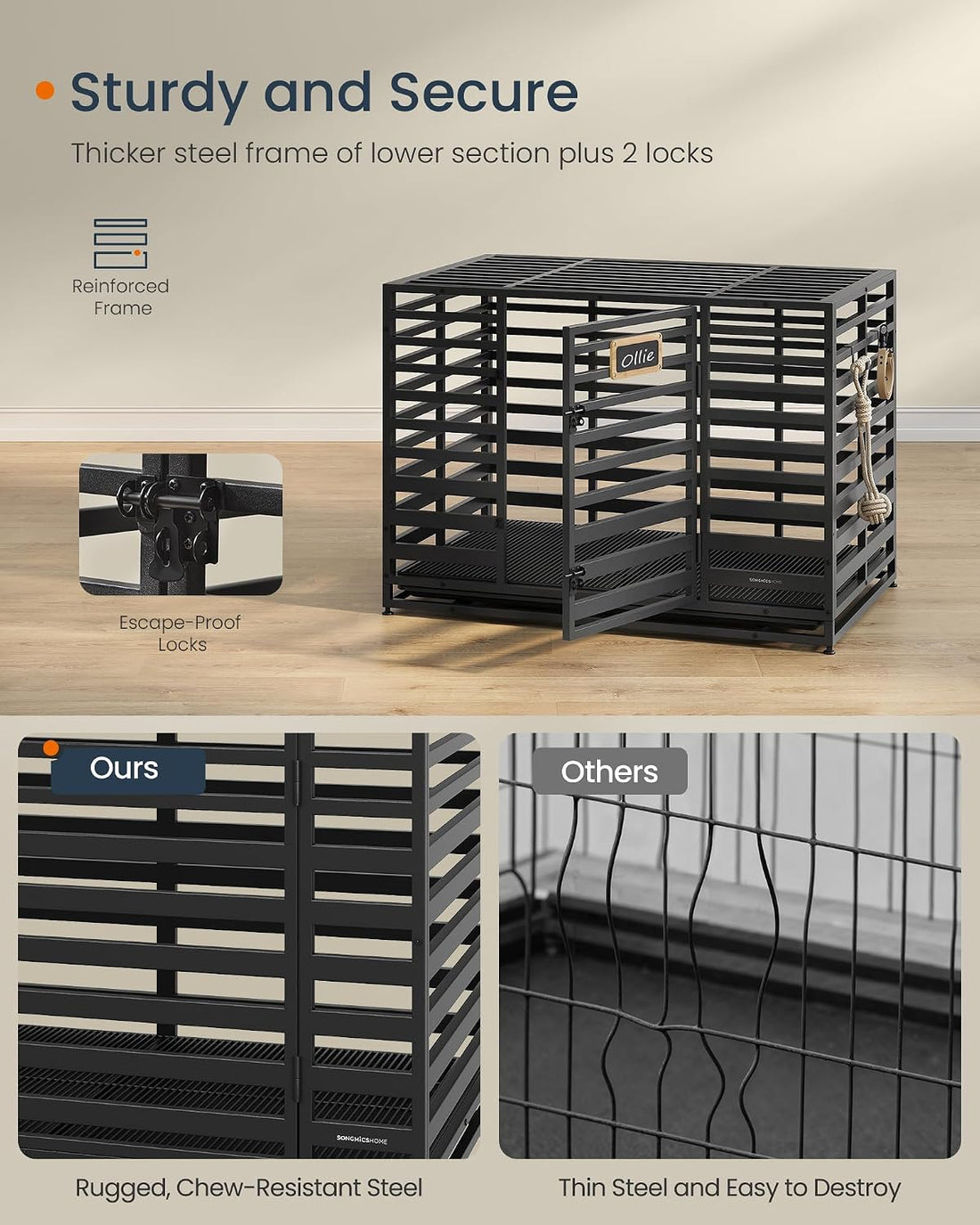 SONGMICS HOME 42.1" Heavy-Duty Dog Crate, XL Dog Cage with Lock Wheels