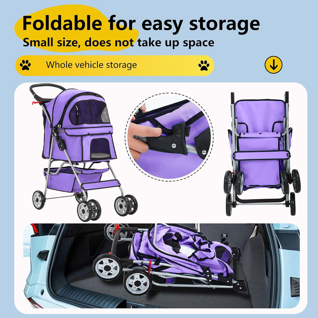FDW | 4-Wheel Foldable Pet Stroller | Purple | Lightweight & Portable