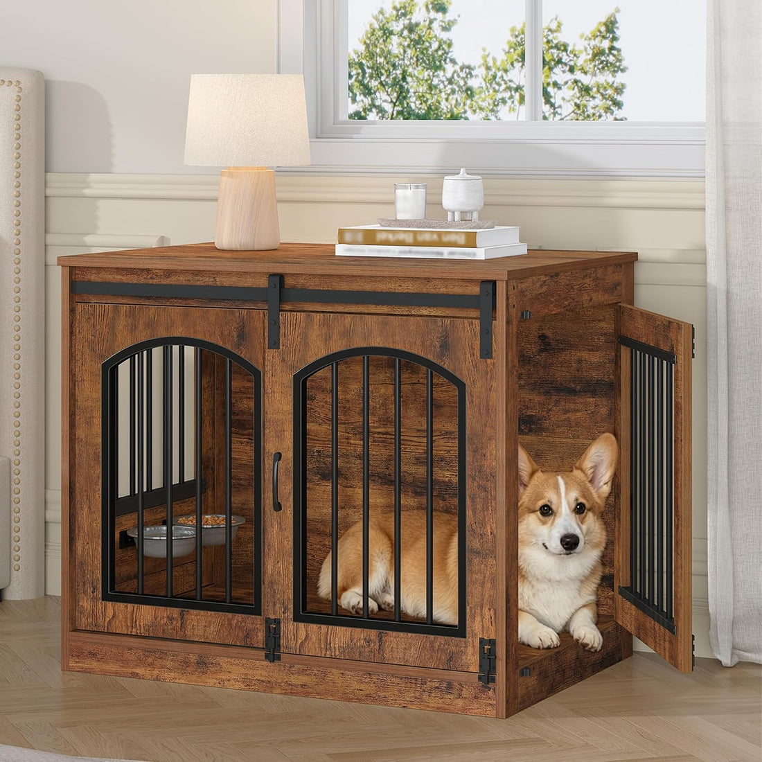 Hzuaneri 31.5 in Dog Crate Furniture Indoor Dog Kennel with 2 Feeding