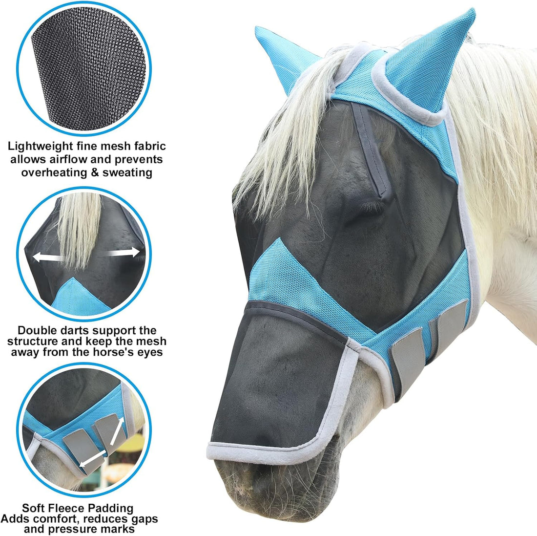 Horse Fly Mask with Ears & Long Nose, Fine Mesh