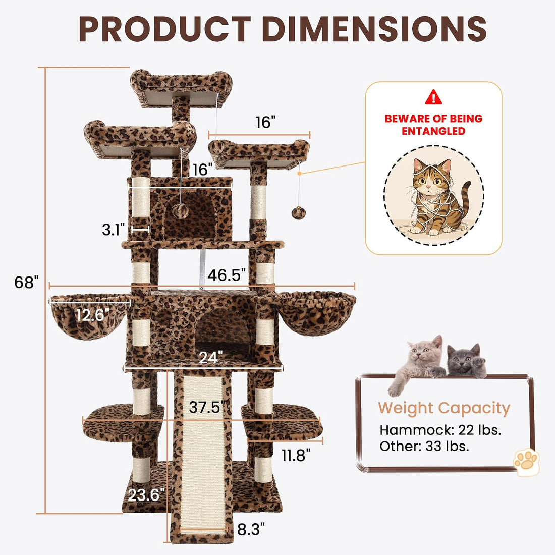 SHA CERLIN 68 Inches Multi-Level Large Cat Tree for Large Kitties/Big