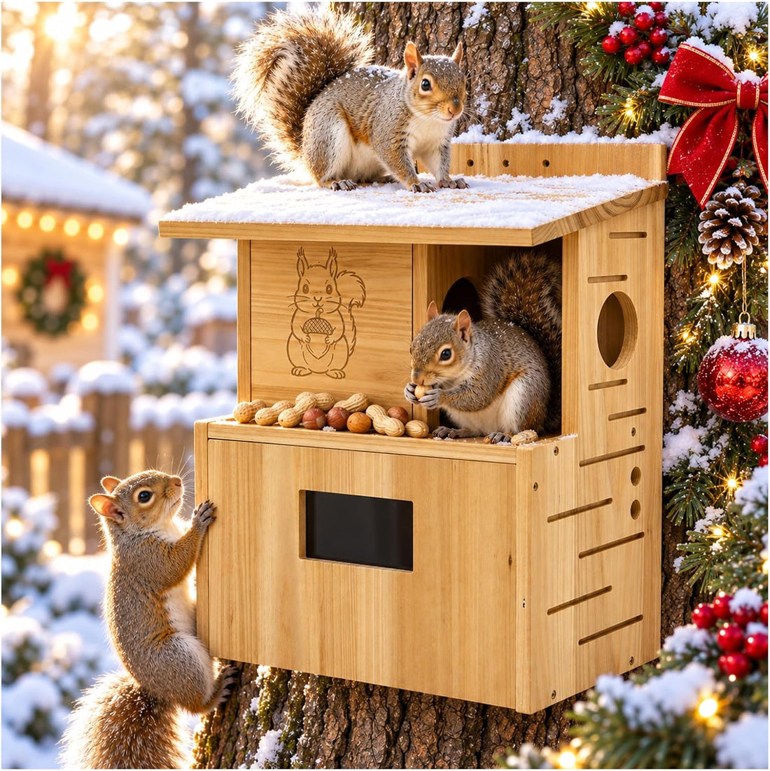 Large Squirrel House for Outside, Fir Wood Squirrel Box with Window