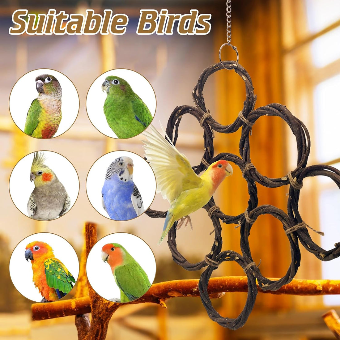 BNOSDM Bird Swing Rings Toy Natural Wood Parrot Climbing Ladder