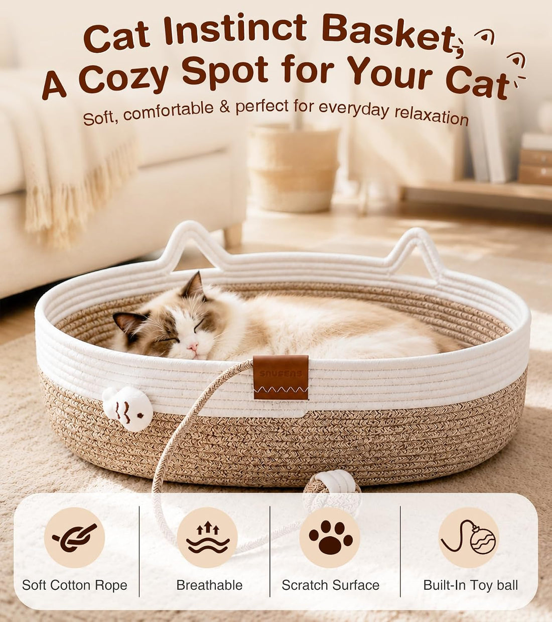 Instinct Basket for Cats, Handwoven Cotton Rope Cat Beds