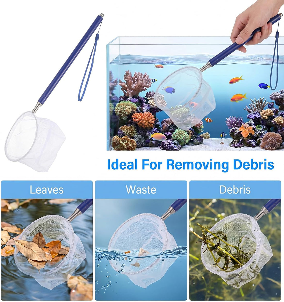 Fish Tank Net Small, Aquarium Fish Tank Net Long Handle (Blue)