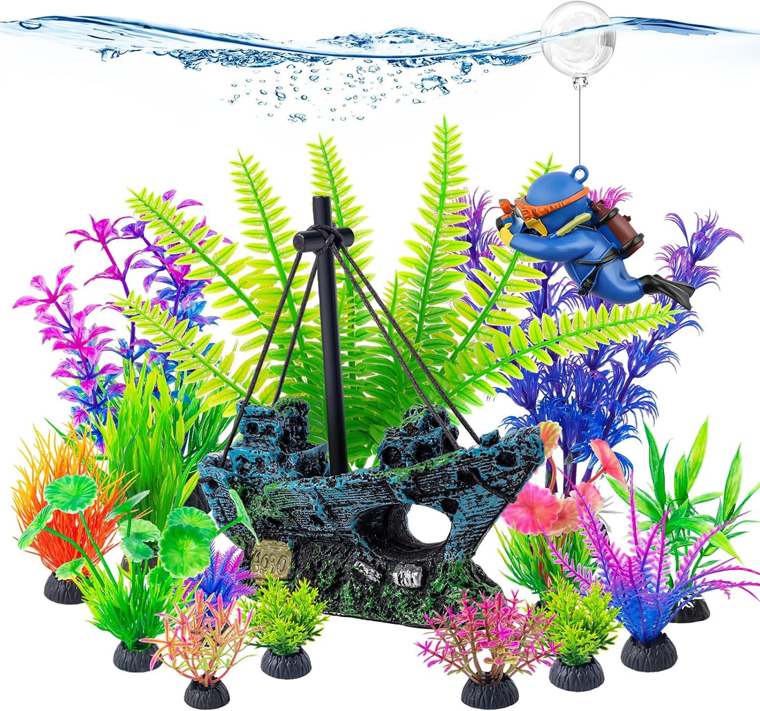 CousDUoBe 16 Pcs Fish Tank Decor Set Shipwreck Decoration Fish Tank