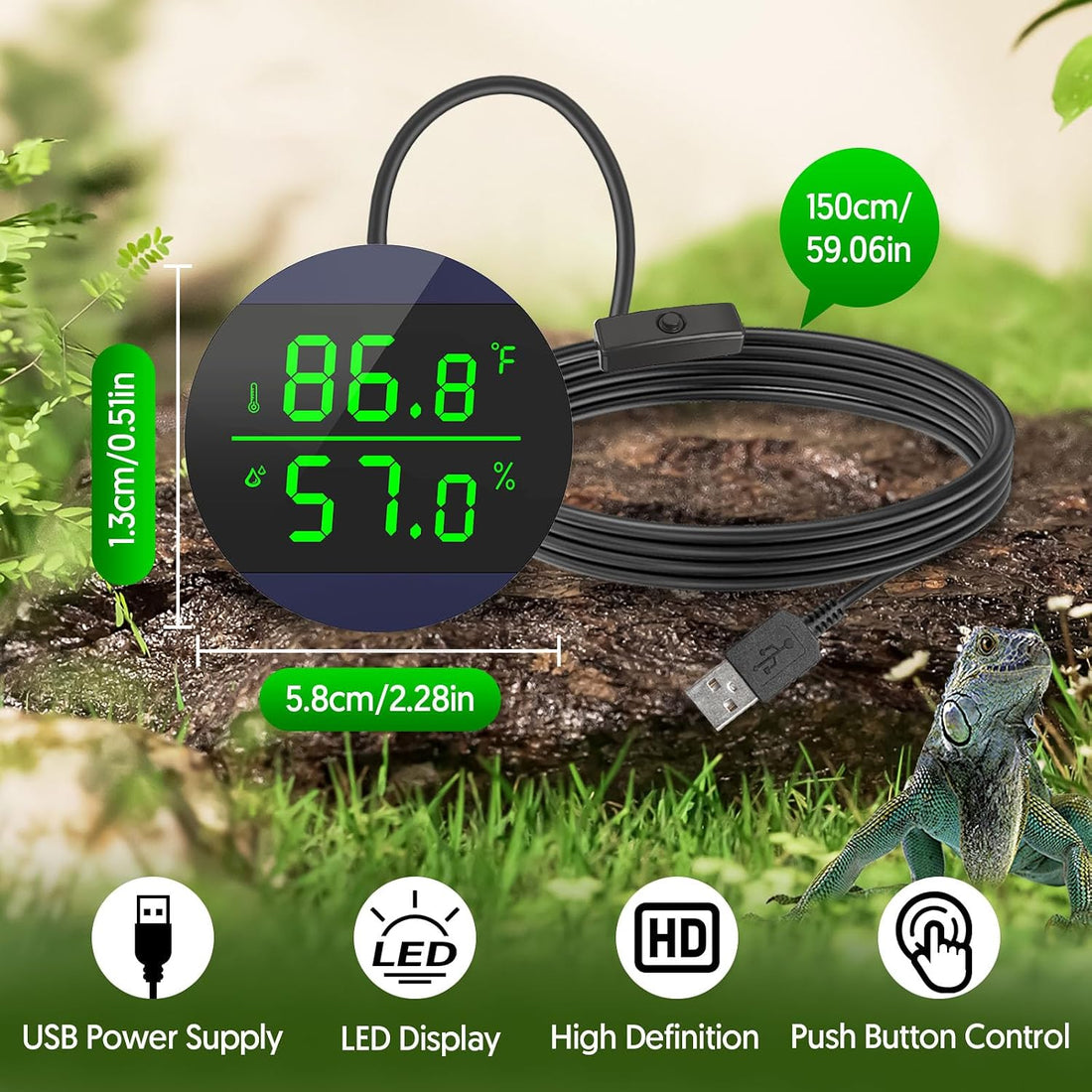 QZQ Reptile Thermometer and Humidity Gauge, Digital Display, Blue