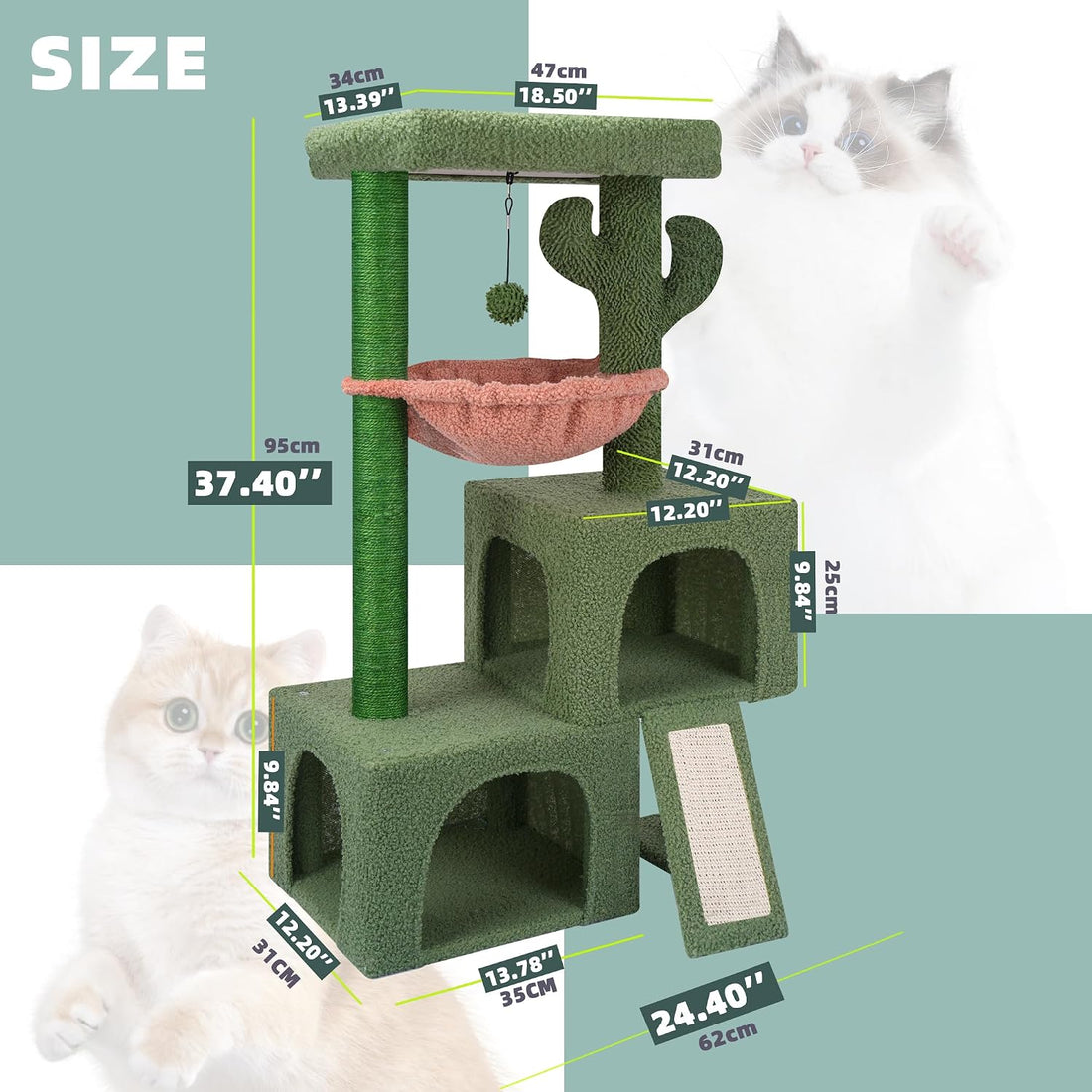 AIWIKIDE 37.4" Cactus Cat Tree Tower with Twin Cat Condos for Indoor