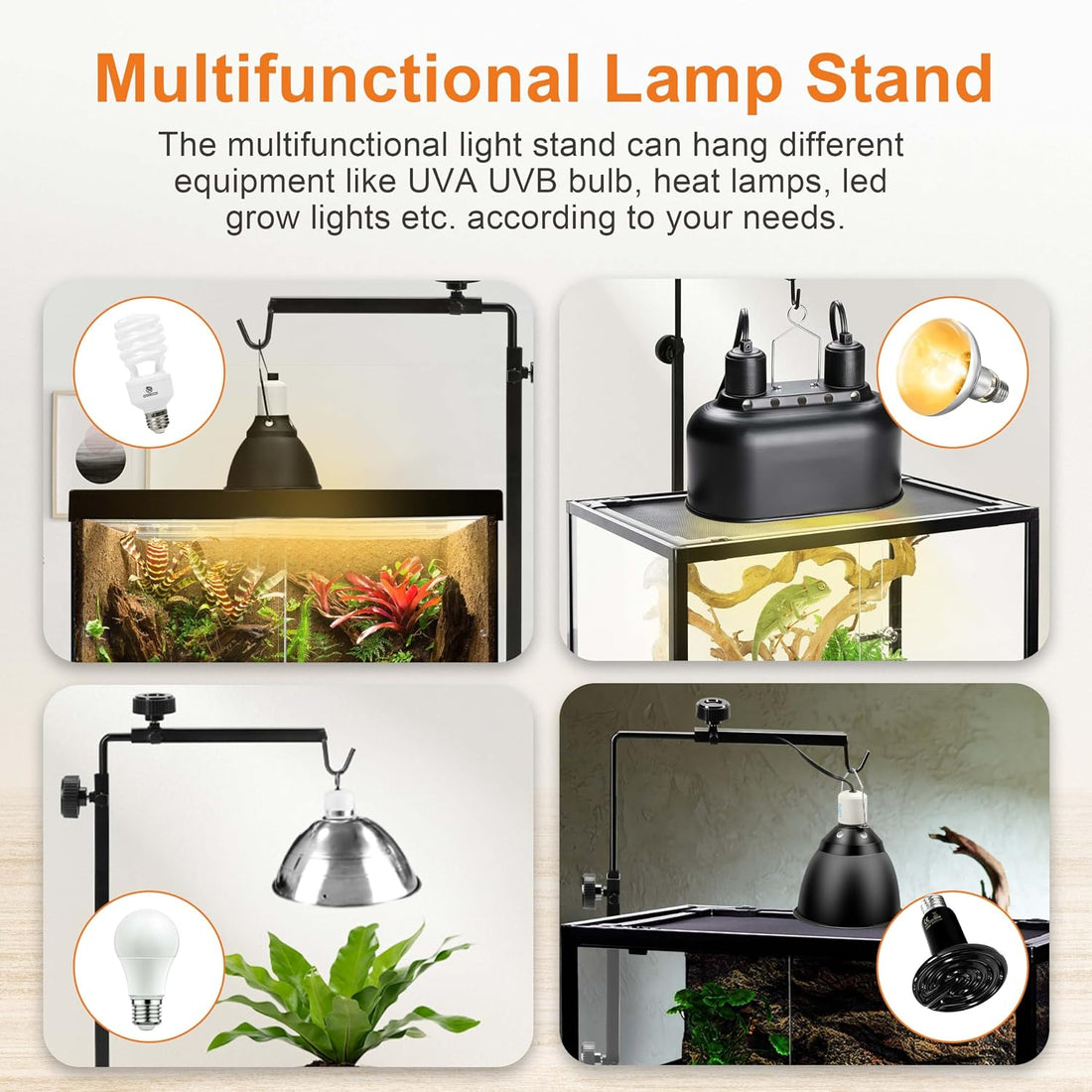 Simple Deluxe Reptile Lamp Stand Adjustable 14-26 inch Metal Bracket