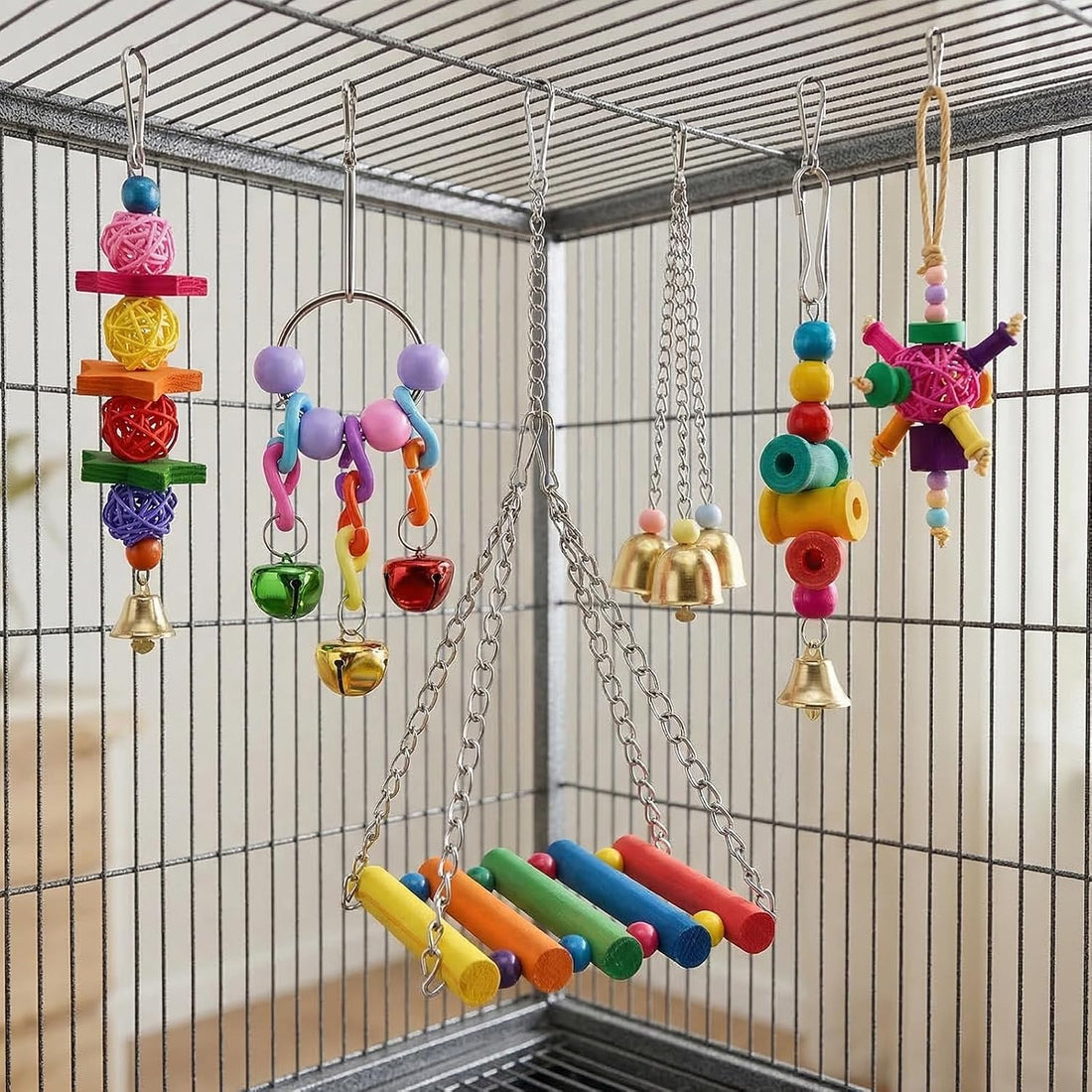 Bird Toys cage Accessories Parakeet Parrot Swing Wood Stand Perch