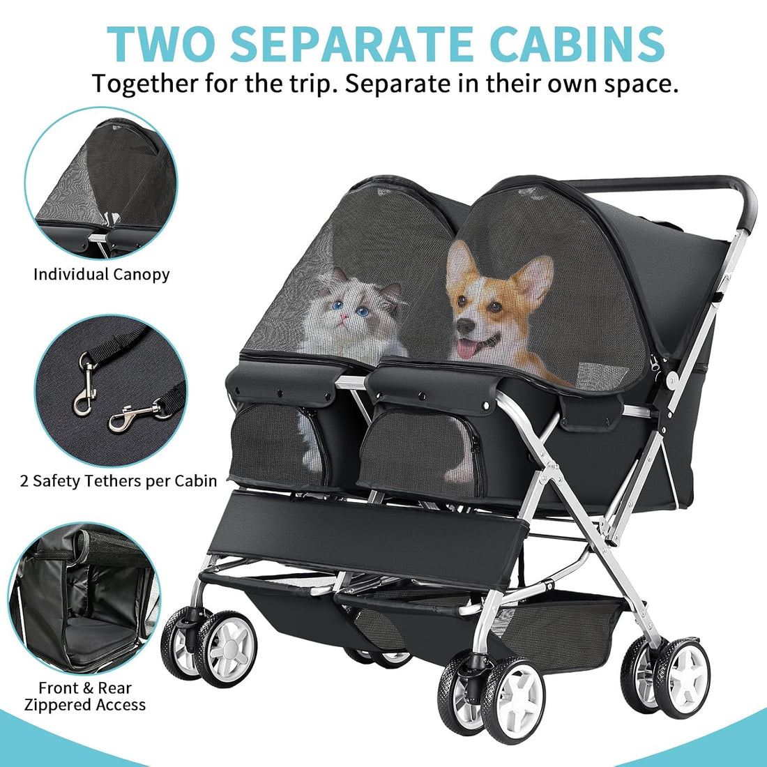 Double Pet Stroller for 2 Dogs & Cats, Side-by-Side