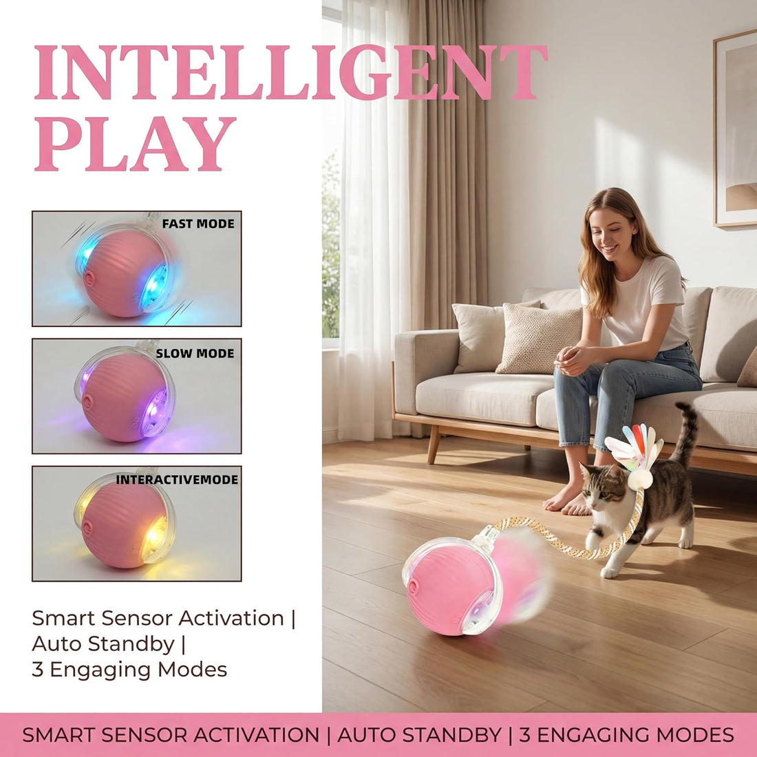 Interactive Cat Toy Ball, Automatic Cat Toys for Indoor Cats with 3