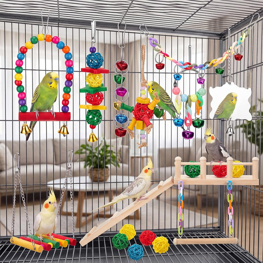 14 Pcs Parakeet Cockatiel Bird Toy with Platform