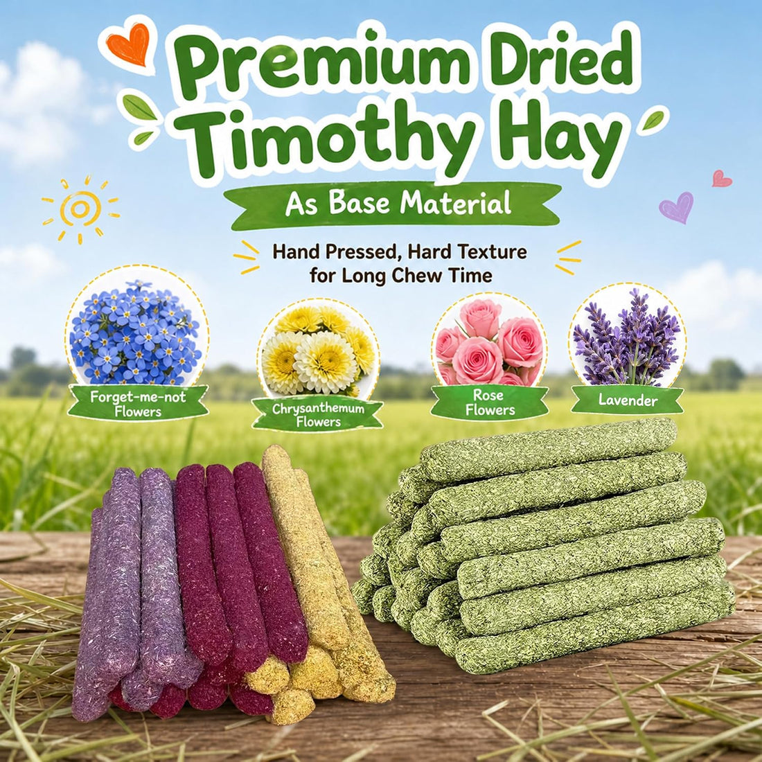 40 Pcs Natural Rabbit Chew Timothy Hay Sticks Mixing Flowers