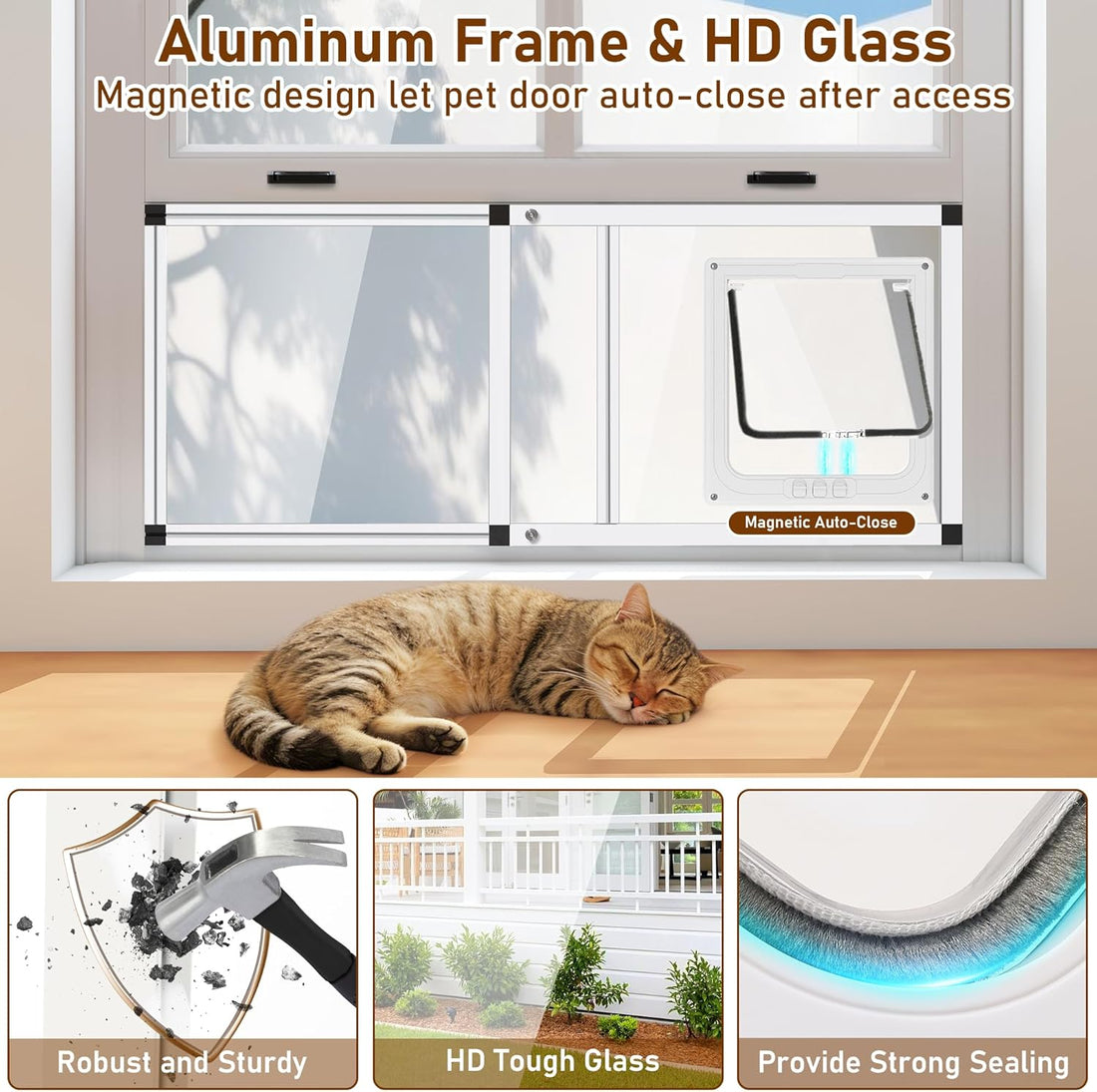 Full Glass Cat Door for Window,22"-28.5" Adjustable Width,1-Min