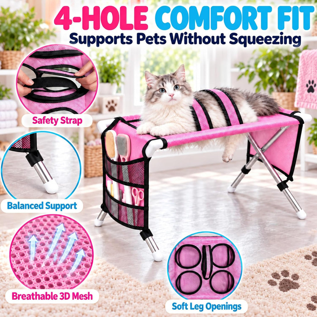 Dog Grooming Hammock with Stand, Foldable Pet Bathing Hammock for Cats