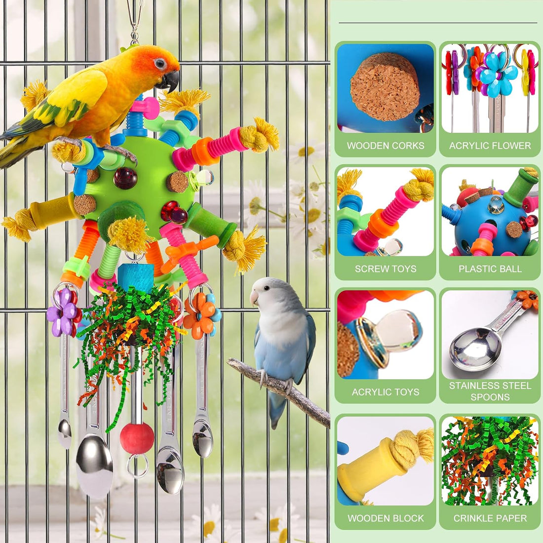 Parrot Toys Bird Toys Perch Pullable Stainless Steel Spoons Colorful