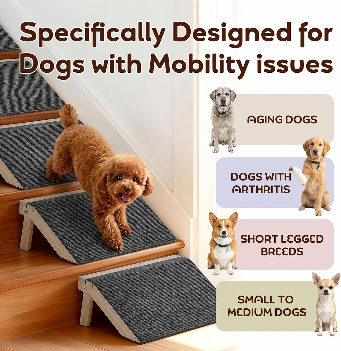 Wooden Dog Ramp for Stairs, 4.3"/5.5" Height Adjustable Pet Ramp