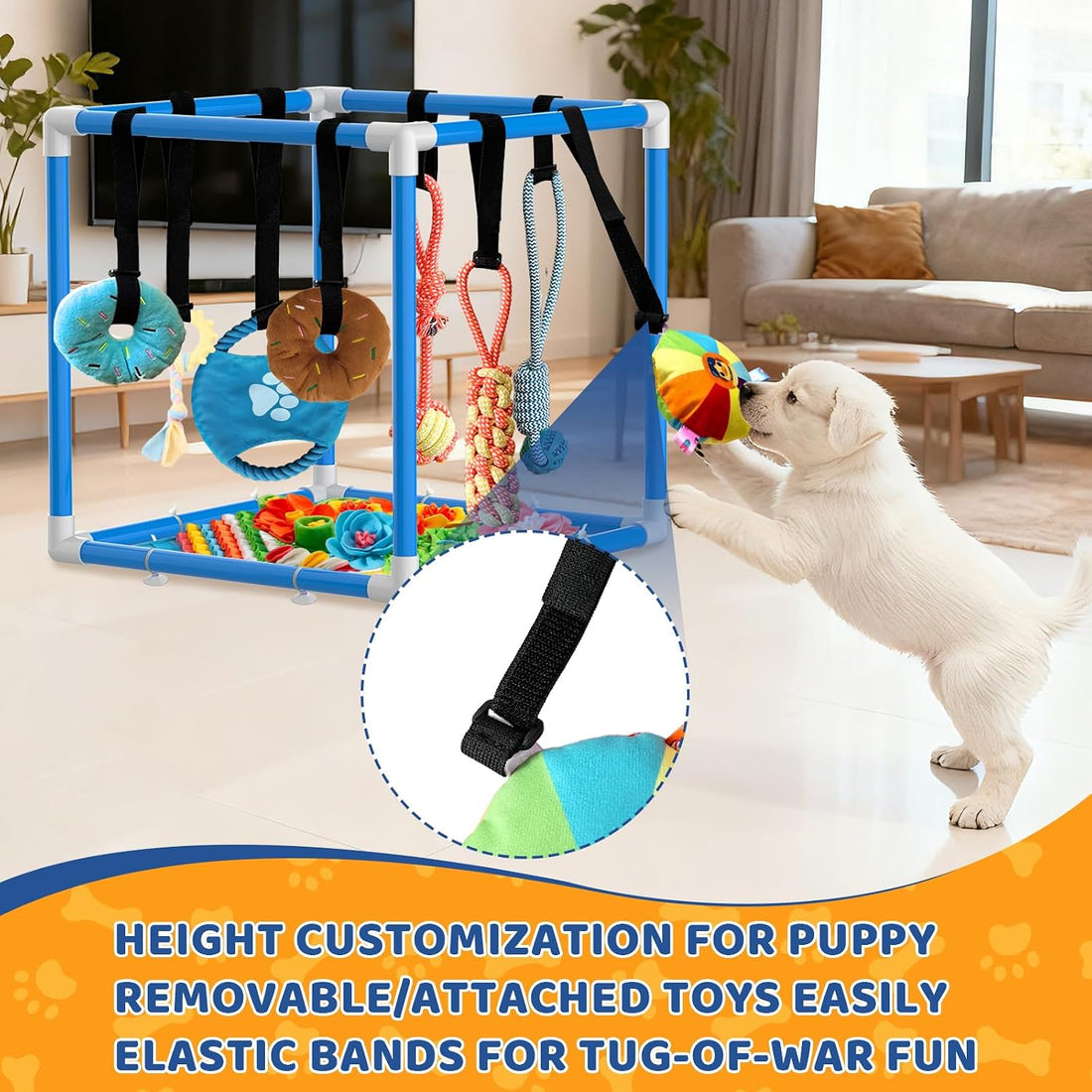 Puppy Play Gym & 8 Toys (Blue,19.6″ x 19.6″ x 19.6″) with Snuffle Mat