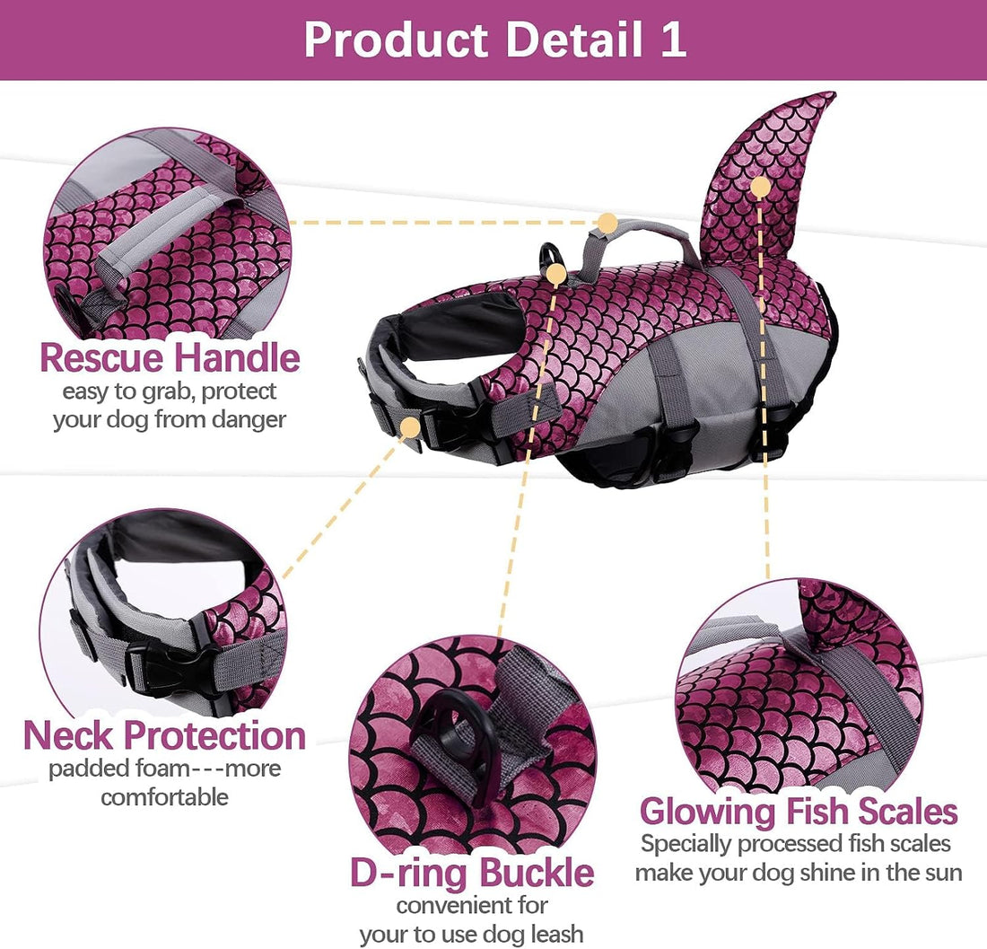 Kuoser Dog Life Jacket with Shark Fin, Ripstop Durable, Pink 2XL