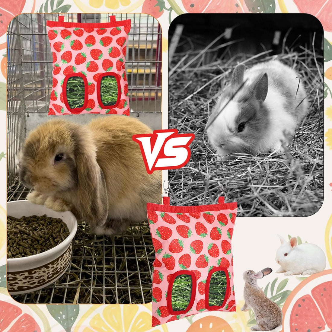 Rabbit Hay Feeder, 2 Hole Washable Hanging Hay Bag for Guinea Pig