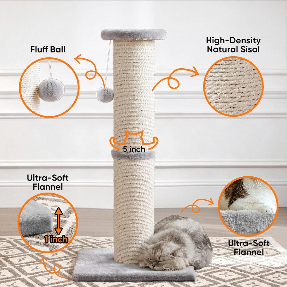 PAWSCRAT 32" Tall Cat Scratching Post, 5-Inch Diameter, Sisal