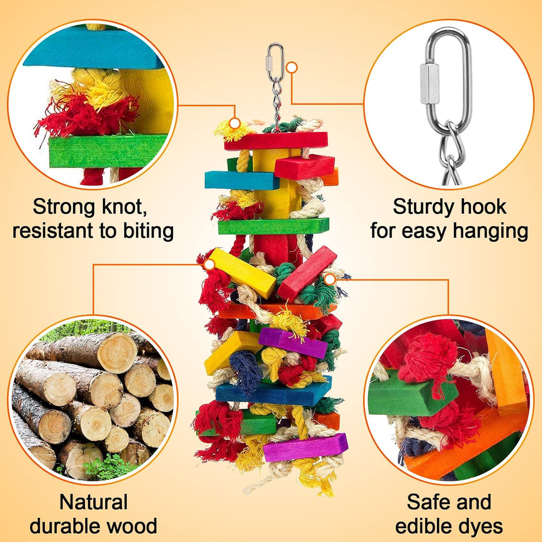Extra Large Natural Wood Bird Toys for Macaws, African Grey